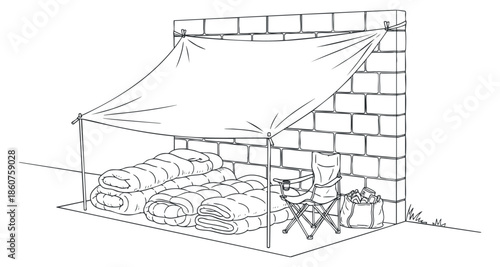 A camping tent setup with blankets and a chair illustrated in minimalist line art style, suitable for outdoor adventure themes