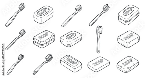 A collection of toothbrushes and soap bars in outline vector style, ideal for hygiene and personal care branding