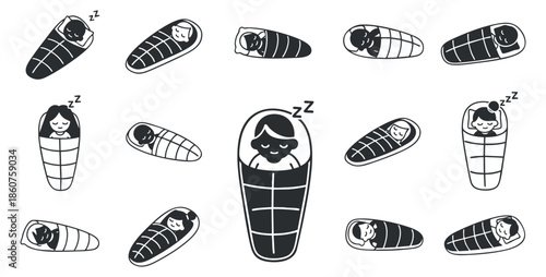 A collection of cute babies wrapped in cocoons sleeping in black and white minimalist vector style, ideal for children's products and nursery decor