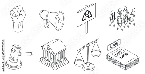 Protest and law icons in black and white line style, vector illustration isolated on transparent background