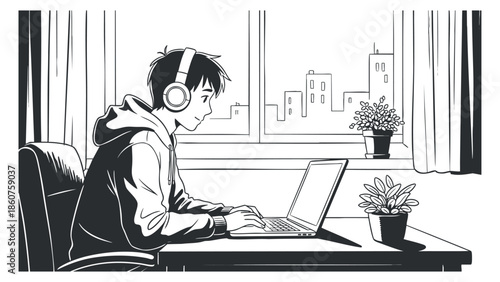 A young person wearing headphones, working on a laptop at a desk in a minimalist black and white vector style, perfect for remote work illustrations