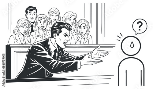 A courtroom scene featuring a lawyer passionately addressing a witness in black and white outline vector style, suitable for legal illustrations and educational materials
