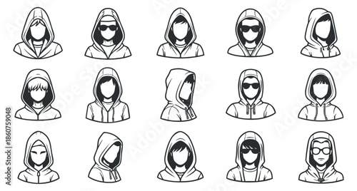 A collection of hooded characters in minimalist black and white vector style, ideal for fashion design and urban themes