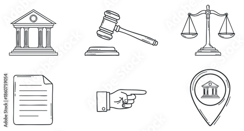 Law and justice icons in black and white line style, vector illustration isolated on transparent background.