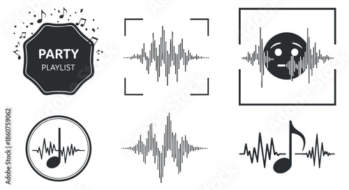 A collection of music and party-themed icons including soundwaves, notes, and a playlist badge in modern vector style, perfect for event promotion and digital designs