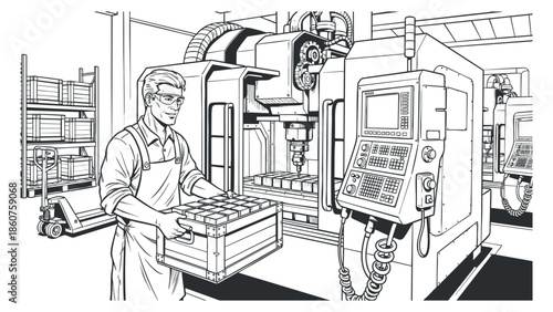A factory worker operating a CNC machine in a detailed black and white line art vector style, ideal for industrial design projects