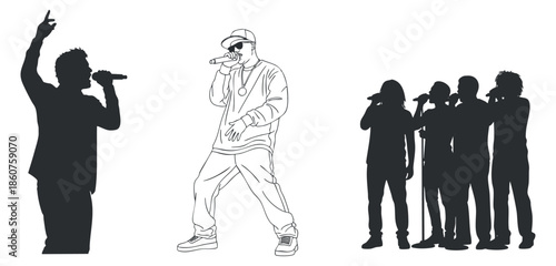 A collection of singers performing with microphones in black and white outline vector style, ideal for music-related designs and branding