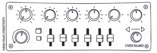 A stereo balance control panel with knobs and sliders in black and white minimalist vector style, ideal for audio and music production projects