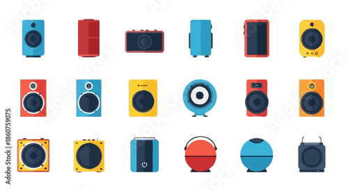 Collection of flat design audio speaker system icons and electronic devices.