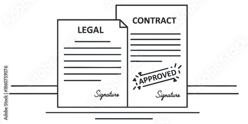 A legal contract document with an approval stamp and signatures in minimalist outline vector style, suitable for business and legal use