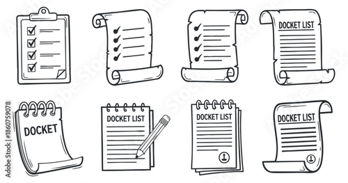 A collection of hand-drawn docket lists and checklists in black and white vector style, ideal for office and organizational projects