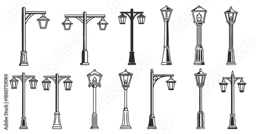 A collection of vintage street lamps in black and white vector style, perfect for urban design projects and illustrations