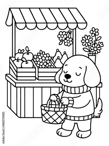 A Pup's Grocery Shopping: An adorable puppy, bundled in a warm sweater, eagerly peruses the fresh produce at a vibrant market stall, basket in paw and a smile. 