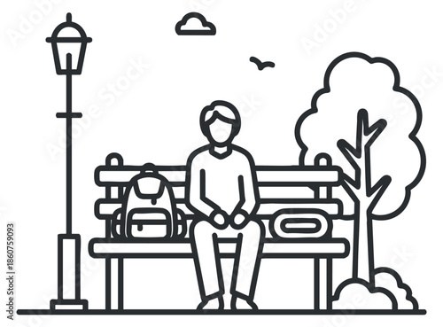 A person sitting on a park bench with a backpack beside them in minimalist line art vector style, suitable for lifestyle and travel themes