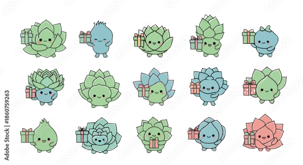 Obraz premium Cute cartoon succulents holding gifts.