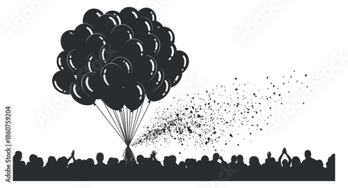 A crowd of people celebrating with a large bunch of balloons in black and white vector style, ideal for event promotion