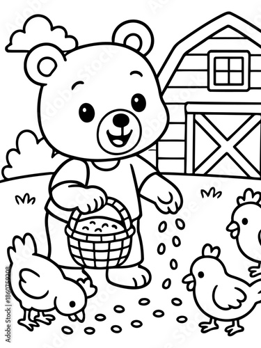 Cute Bear Feeding Chicks: An adorable bear, clutching a basket of food, tends to a group of fluffy chicks in a charming farmyard setting, symbolizing care and nurturing.