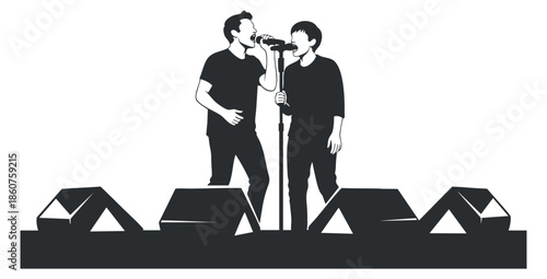 A duet performance by two singers on stage in black and white minimalist vector style, ideal for music event promotions