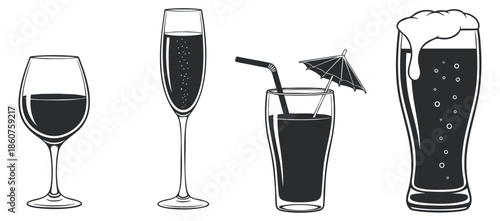 A collection of four drink glasses including wine, champagne, cocktail, and beer in minimalist black and white vector style, perfect for bar and restaurant branding
