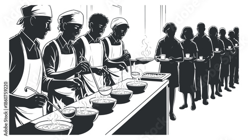 A group of chefs preparing noodles in a kitchen with a line of customers waiting, illustrated in black and white vector style, ideal for restaurant or catering concepts