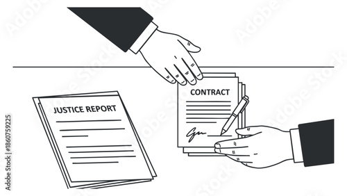 A contract being signed with a handshake in minimalist black and white vector style, ideal for legal services and business illustrations