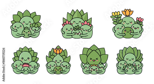 Cute succulent family characters hugging happily