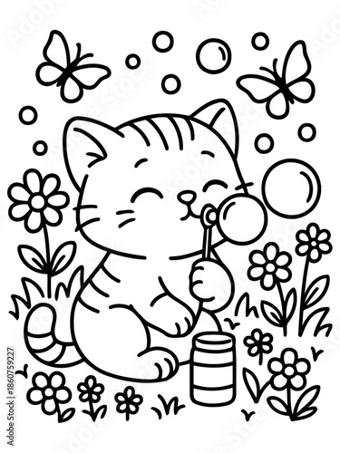 Cute Cat in Bubbles Garden: An adorable cat blows bubbles in a whimsical garden setting, creating a scene of pure joy and innocent playfulness.