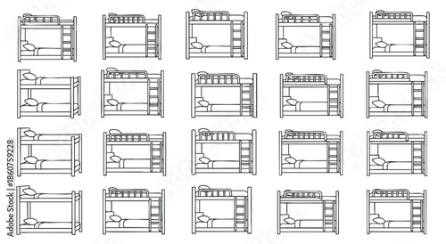 A collection of various bed designs in minimalist outline vector style, suitable for interior design projects and home decor
