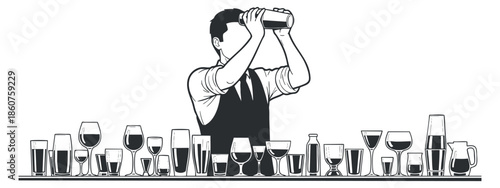 A bartender shaking a cocktail shaker surrounded by a variety of drink glasses in black and white vector style, ideal for bar and restaurant branding