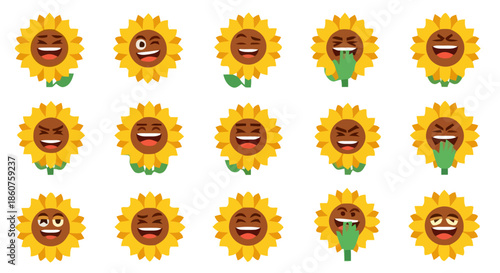 Set of cute sunflower emojis expressing various emotions.