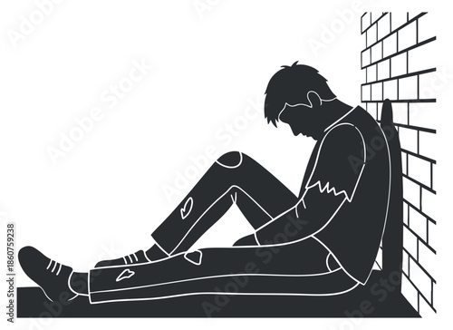 A sad young man sitting against a brick wall in black and white outline vector style, representing themes of loneliness and mental health