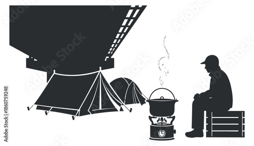 A silhouette of a person cooking on a stove beside a camping tent in minimalist vector style, suitable for outdoor adventure themes