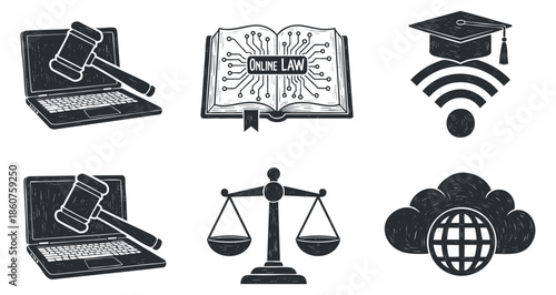 A set of online law-themed icons including a gavel, scales of justice, graduation cap, and digital elements in a hand-drawn style, ideal for legal education and technology branding
