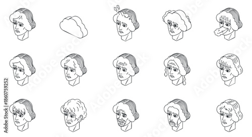 A collection of female head illustrations showcasing various emotions and hairstyles in minimalist black and white vector line art style, suitable for creative projects and design applications