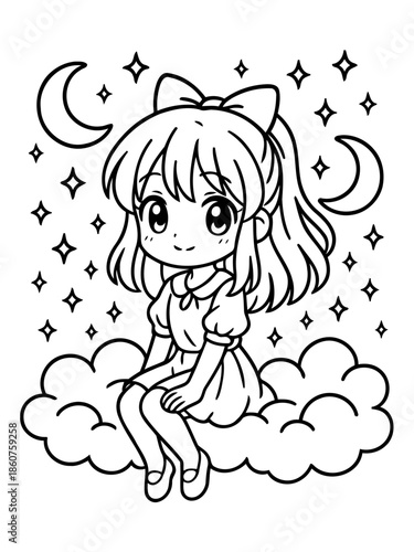 Enchanted Celestial Sprite: A whimsical illustration depicts a cute girl, hair tied with a bow, perched dreamily upon a fluffy cloud amidst a celestial backdrop. Embrace fantasy! 