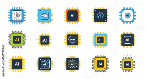 Collection of AI chip icons with brains and circuit patterns.