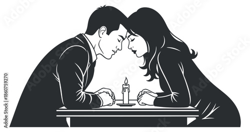 A romantic couple leaning towards each other over a candlelit table in minimalist black and white vector style, ideal for love-themed projects
