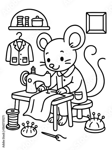 Mouse Tailor at Work: In a whimsical illustration, a charming mouse diligently works at a sewing machine, creating a tailored garment, showcasing skill and dedication.