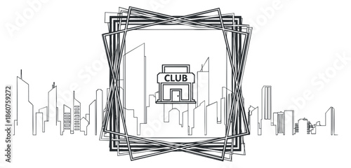 A modern outline illustration of a city skyline with a central club building in geometric vector style, suitable for nightlife branding