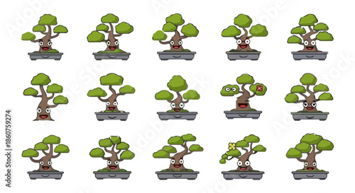 Collection of happy cartoon bonsai trees with different expressions.