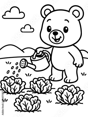 Teddy Bear Gardener: A cute teddy bear tends to a garden, watering plants under a cloudy sky, showcasing a simple life.