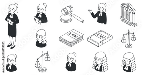 A set of legal profession icons featuring a female lawyer, scales of justice, gavel, and law books in black and white outline vector style, perfect for legal-themed design projects