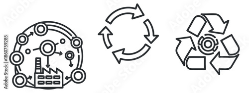 A set of recycling and sustainability icons in minimalist black outline vector style, suitable for environmental awareness projects