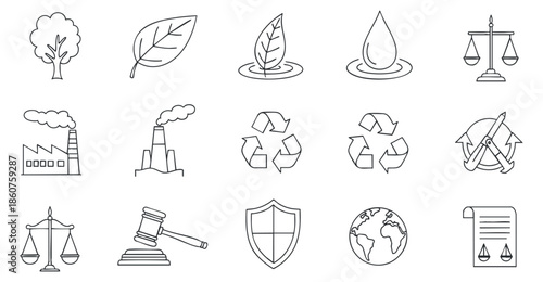 Environmental protection and sustainability icons in black and white line style, vector illustration isolated on transparent background.