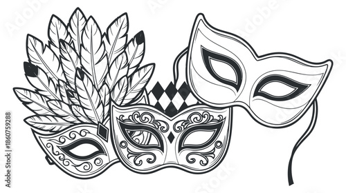 A collection of decorative masks with feathers and patterns in black and white vector style, perfect for carnival and festive events