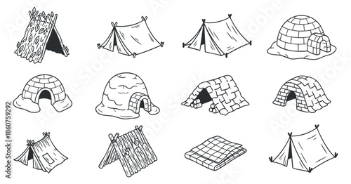 A collection of various types of tents, huts, and igloos in black and white minimalist vector style, suitable for outdoor and camping themes