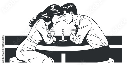 A romantic couple sharing a moment over candlelight dinner in black and white vector style, ideal for love-themed projects