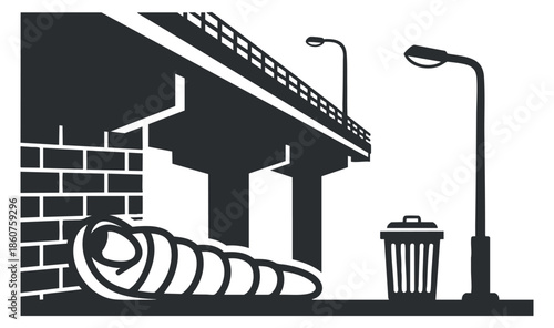 A depiction of a homeless person sleeping under a bridge with a trash bin and street lamp in black and white minimalist vector style, suitable for social awareness campaigns