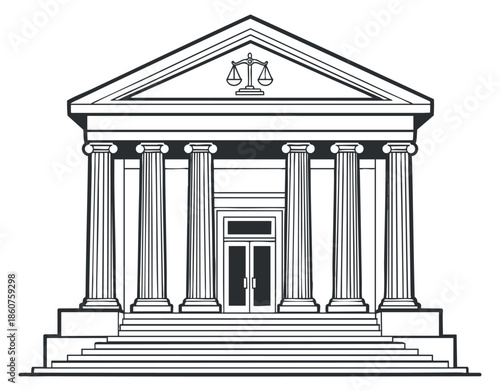 A courthouse building with columns and scales of justice in black and white outline vector style, suitable for legal and governmental themes
