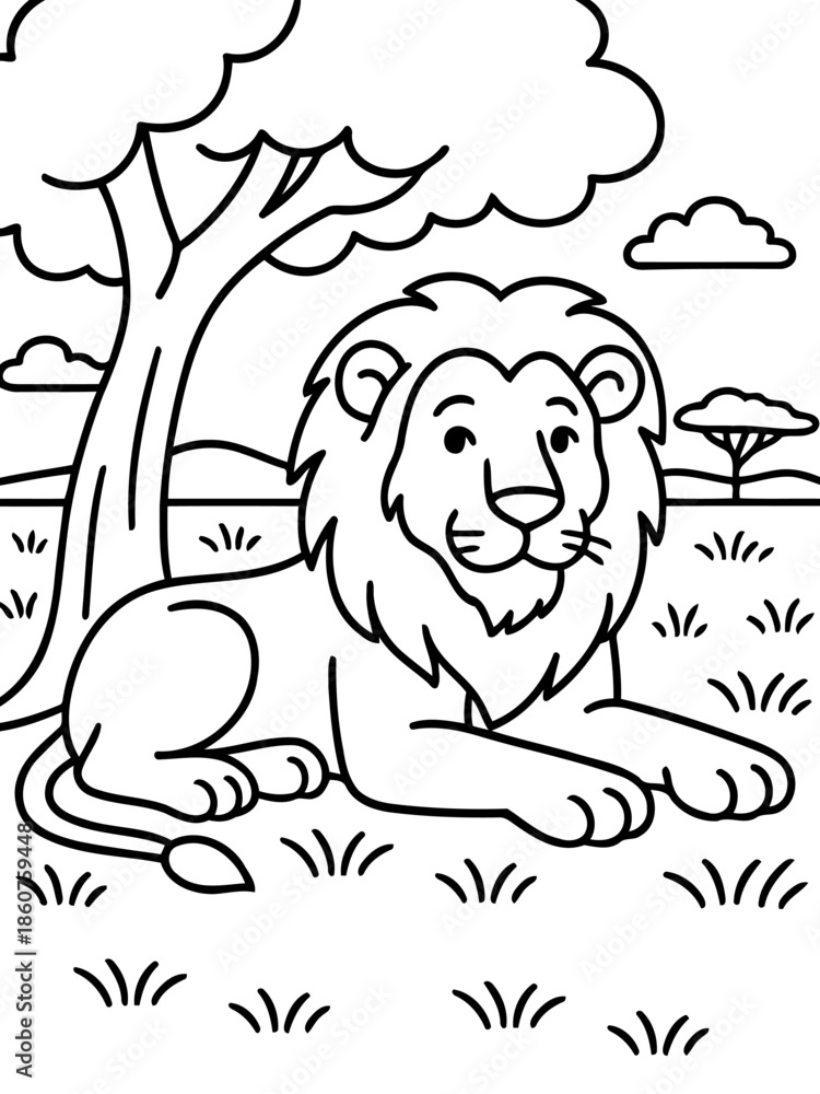 Obraz premium Lion in the Savannah: An illustrated lion rests peacefully under a tree, a symbol of majesty and the wild, set in the heart of the savannah, amidst the simplicity of nature.